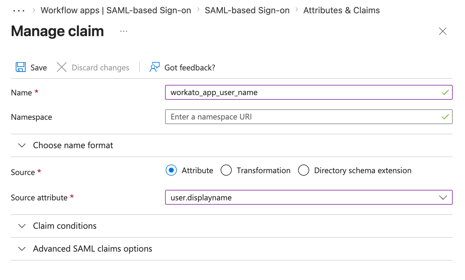 Manage claim panel in Microsoft Entra ID mapping workato_app_user_name to user.displayname.