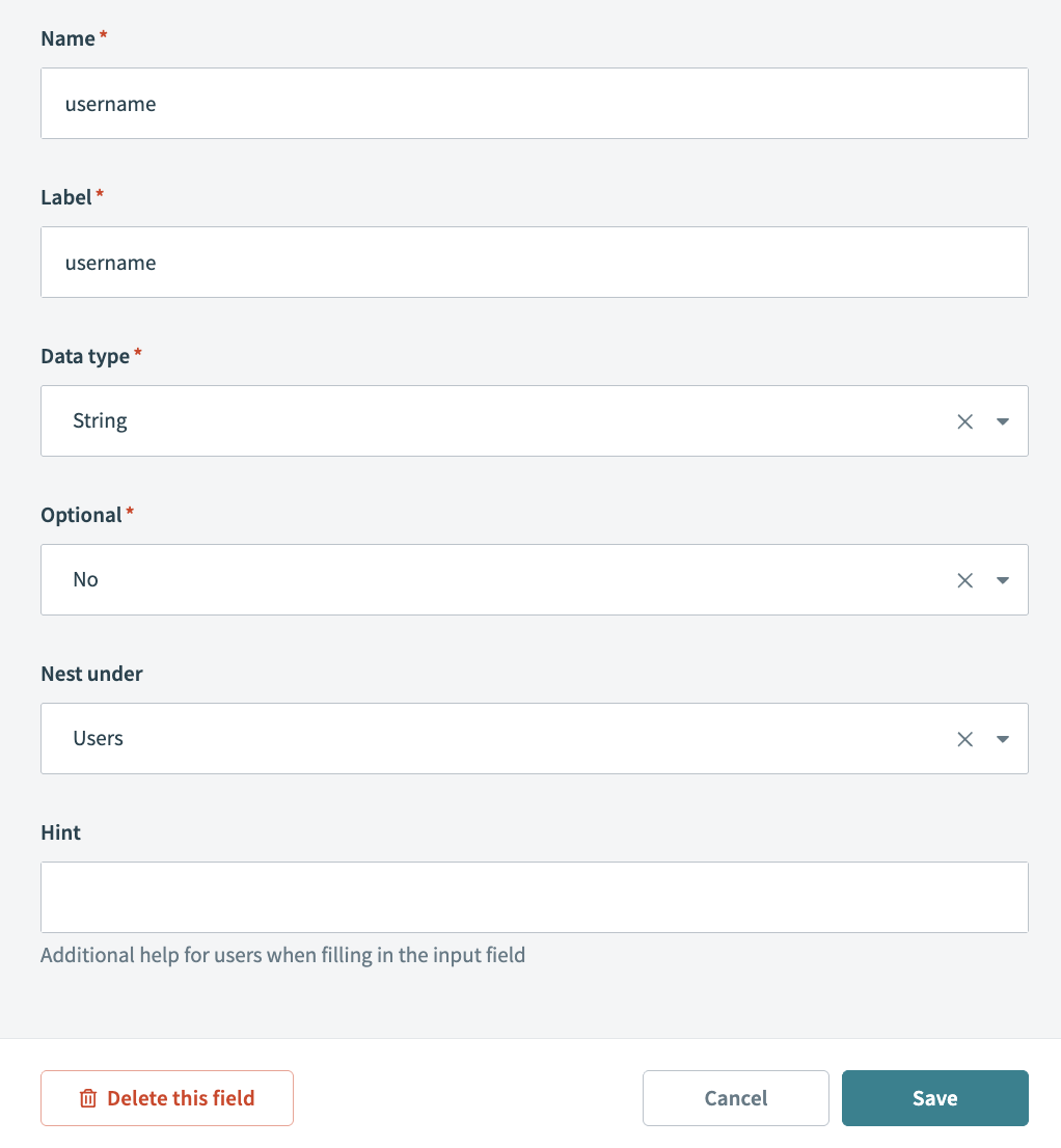 Username request schema