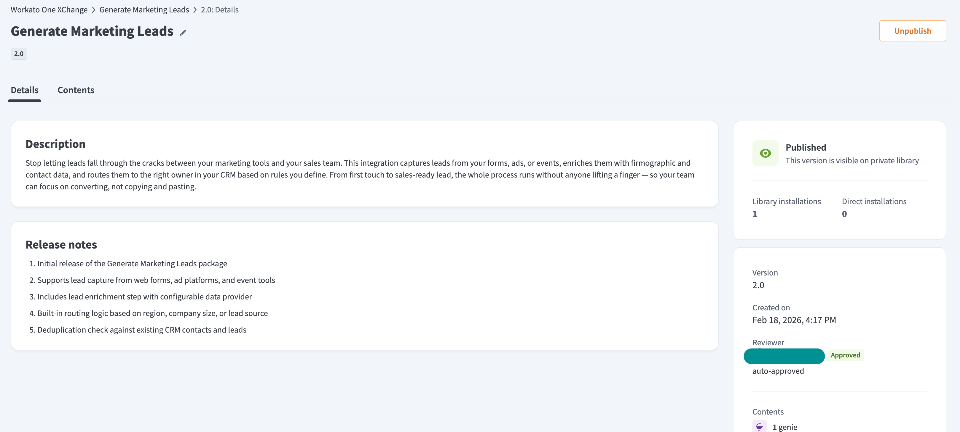 Version details page
