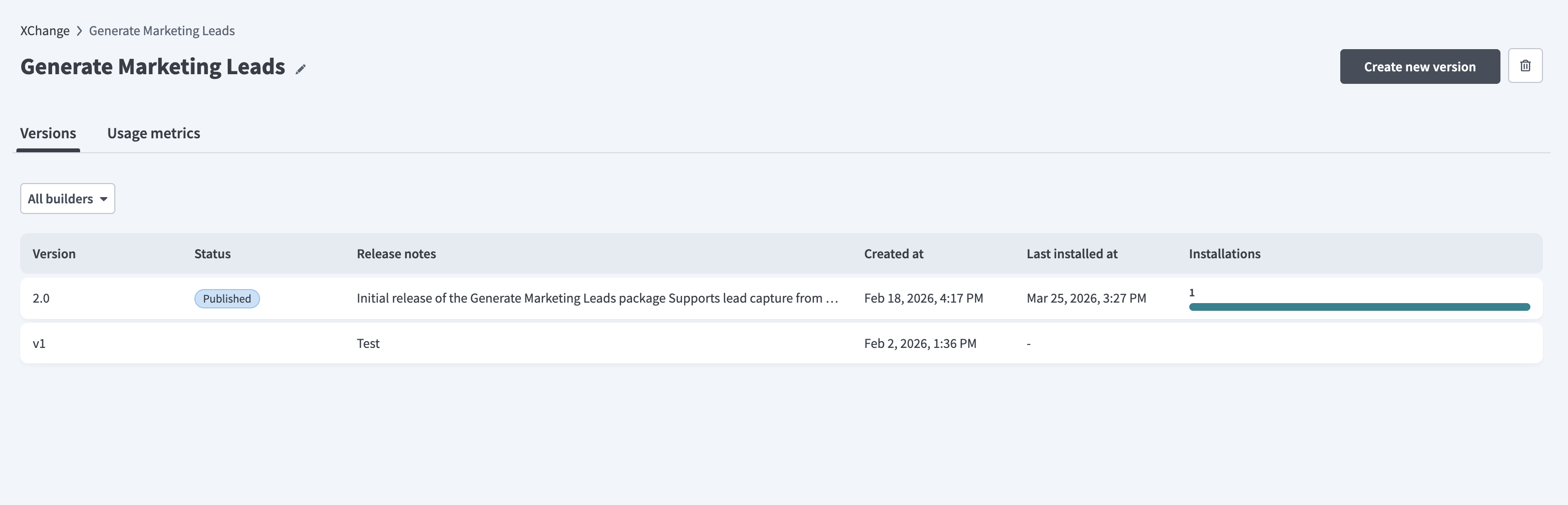 Versions tab