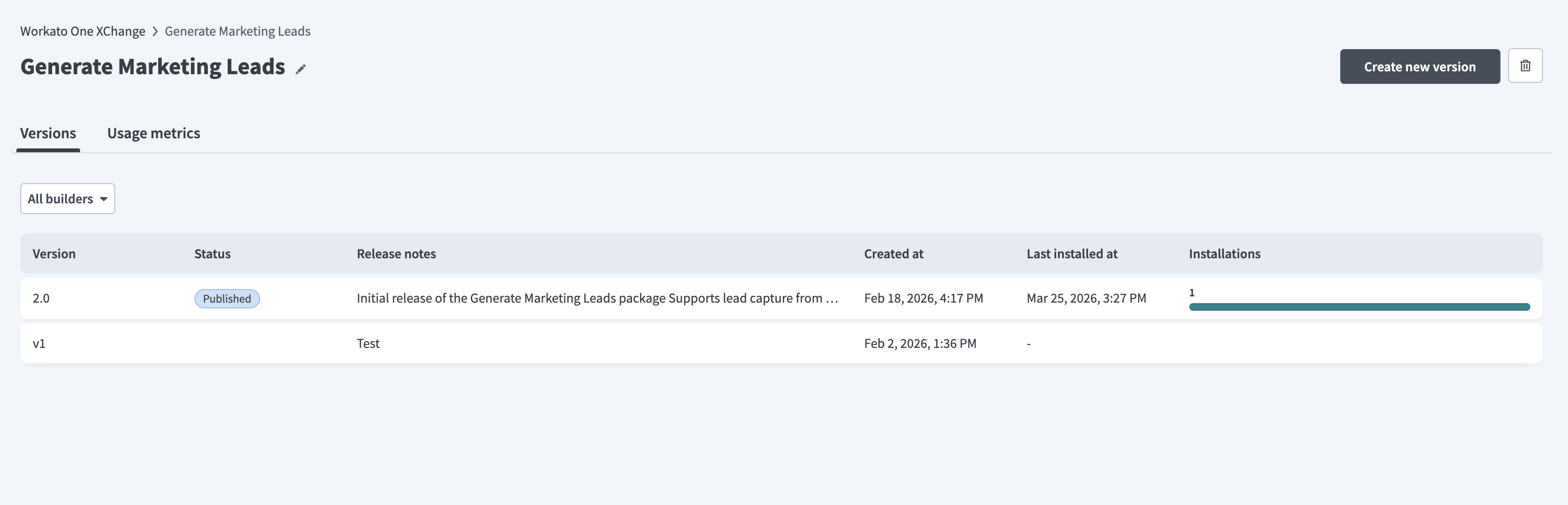 Versions tab