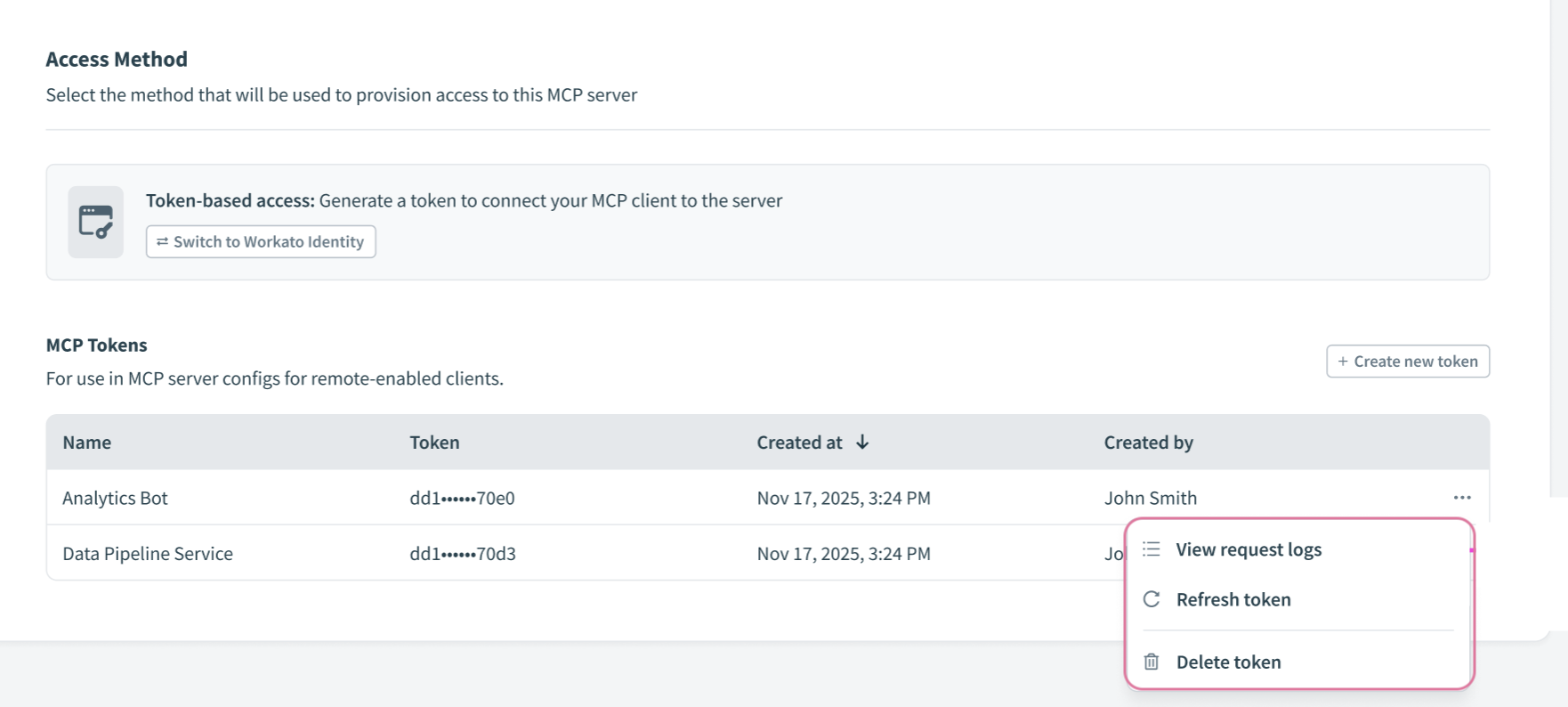 Go to MCP Tokens and click the ellipsis (...)