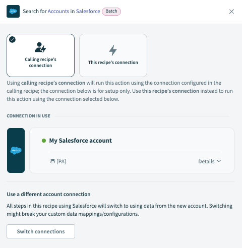 Ensure the app connection uses the Calling recipe's connection