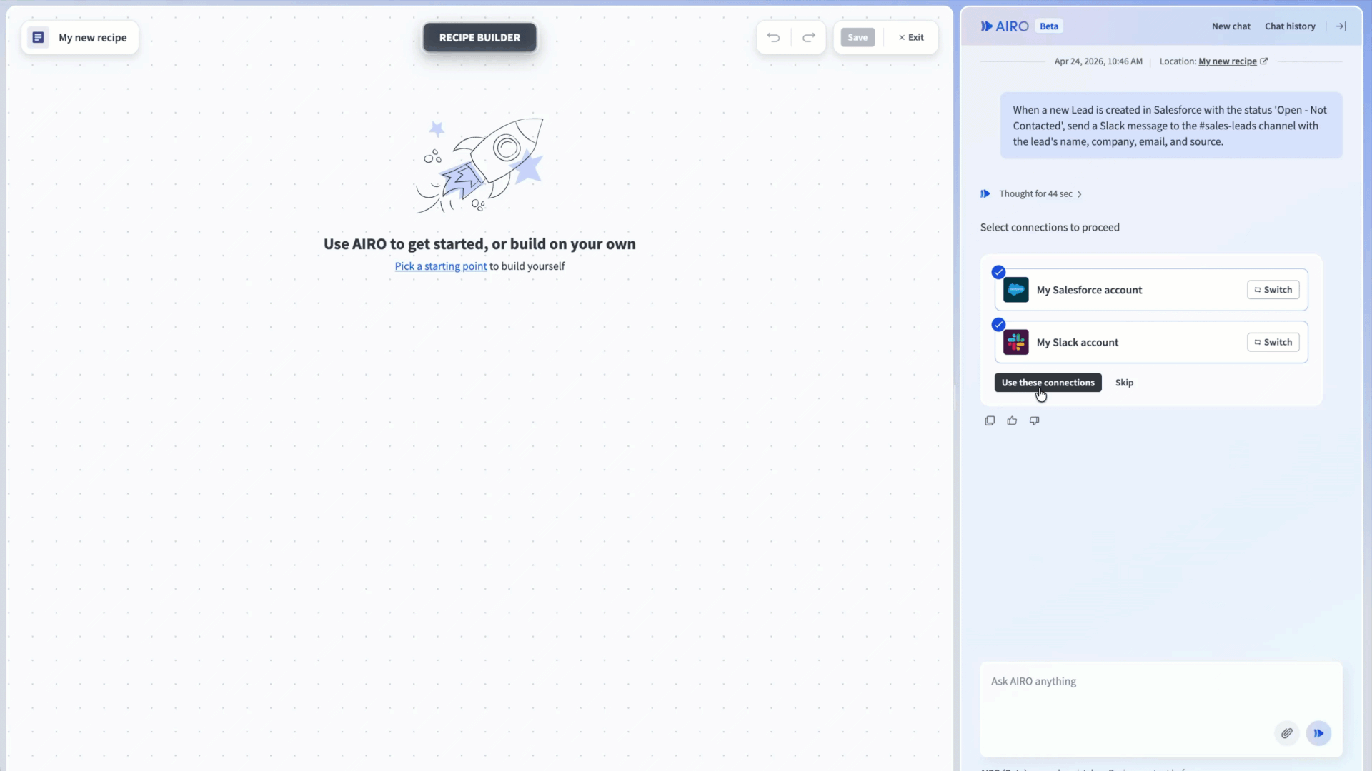 AIRO chat panel showing a progress indicator while the recipe builds