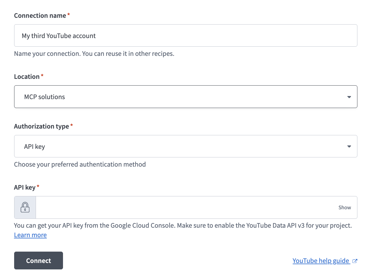 Set up your YouTube connection with an API